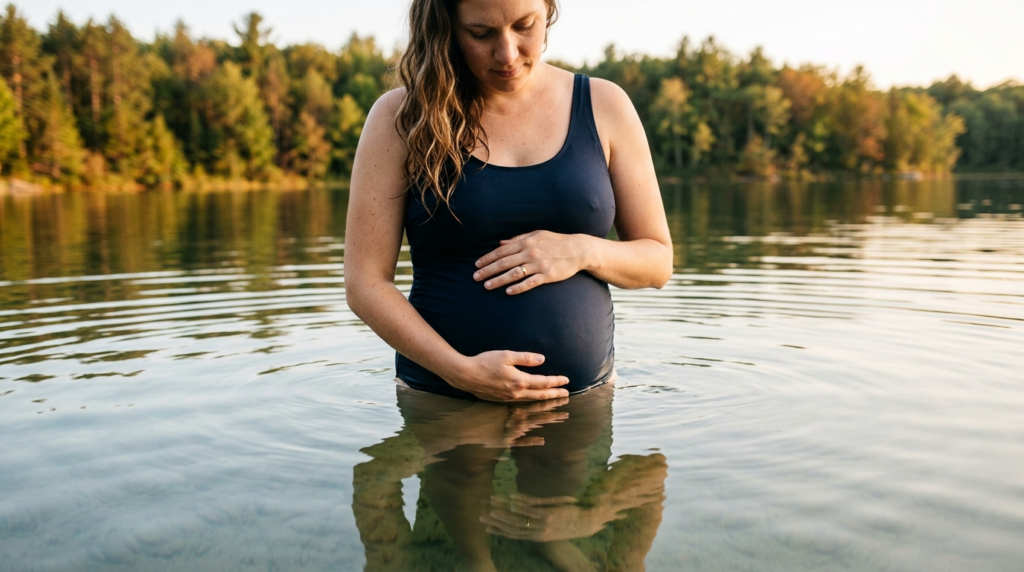 Close-up of a pregnant womans hands gently touching her bel