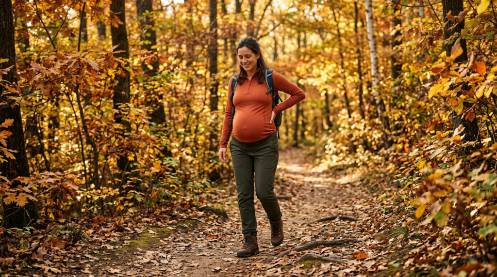 A pregnant woman in third trimester walking slowly on a natu