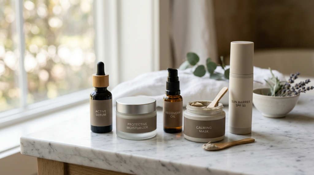 Close-up of professional facial treatment products displayed