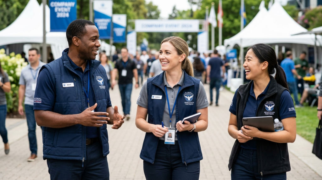 Close-up detail shot of employees wearing coordinated brande