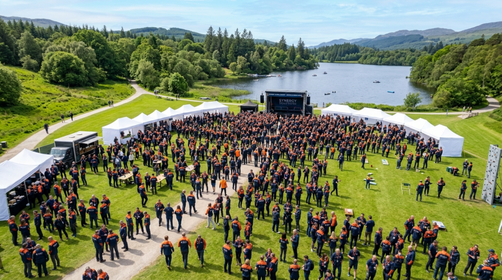 Aerial view of a large corporate team wearing matching brand