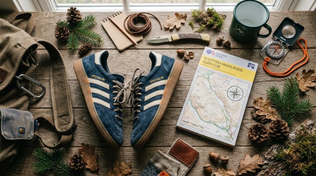 Flat lay lifestyle composition featuring Adidas Handball Spe