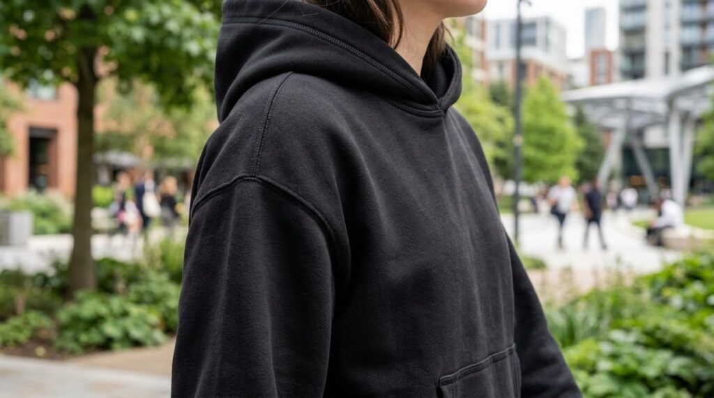 Urban street style photography, 16:9 aspect ratio. Close-up 