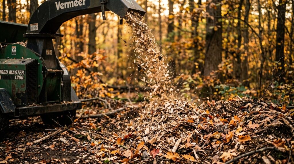 Close-up of fresh wood chips and mulch falling from a branch