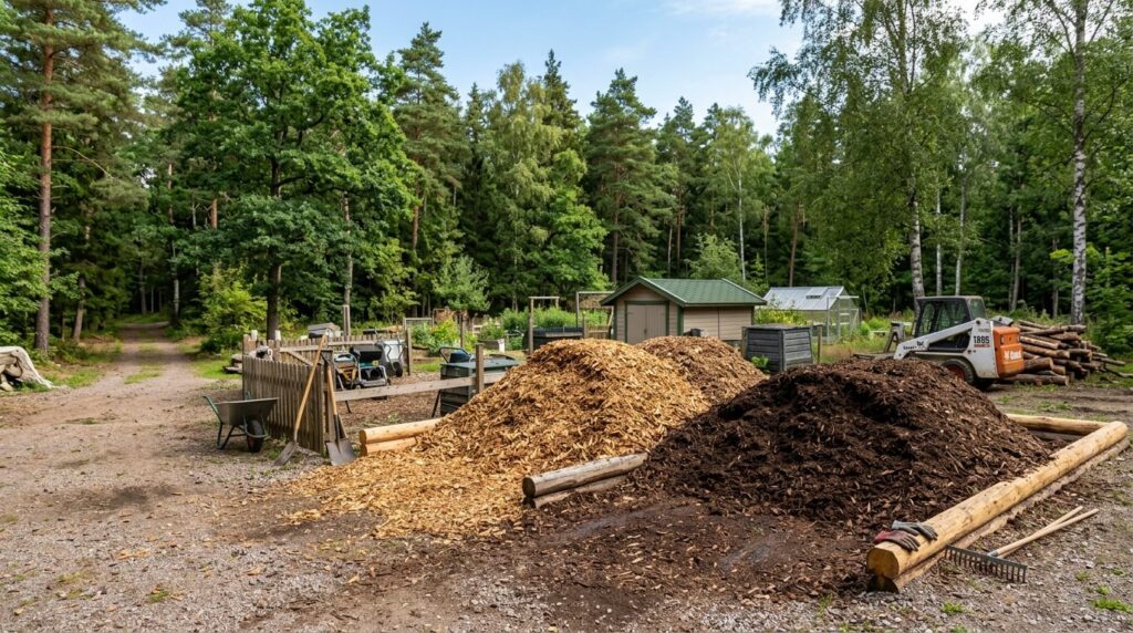 Organized pile of processed wood chips and mulch next to a g