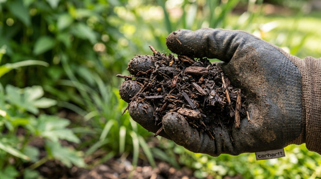 Close-up detail shot of premium dark mulch soil texture, sho