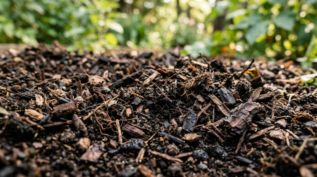 Close-up detailed stock photo of premium mulch soil texture 