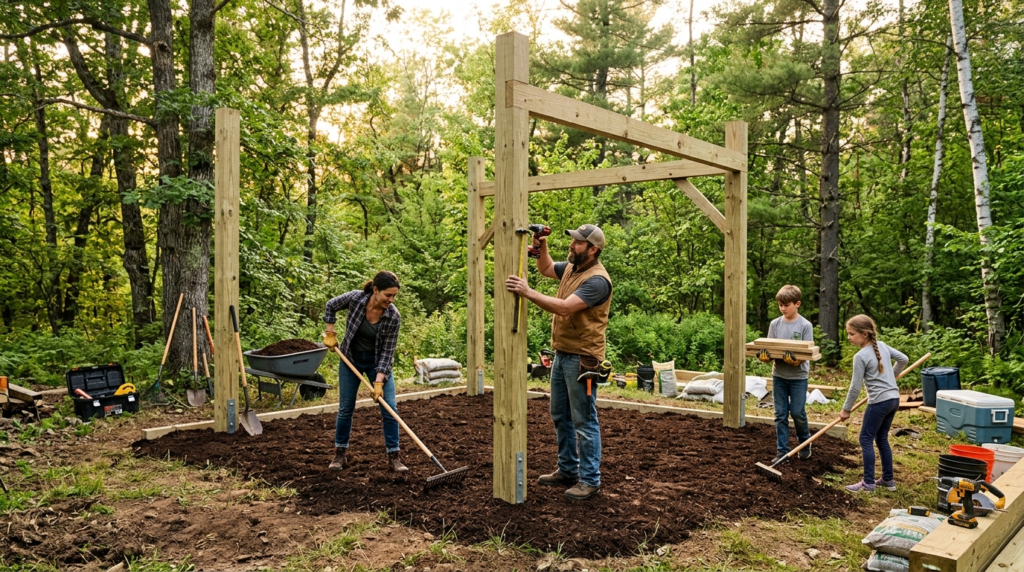 Wide shot of an outdoor shelter construction project in a na