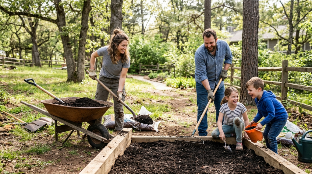 Outdoor lifestyle photograph of an active family or group wo