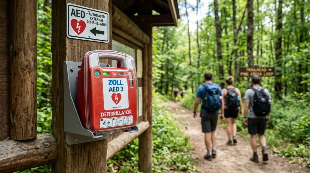 Close-up product shot of a modern outdoor AED device mounted