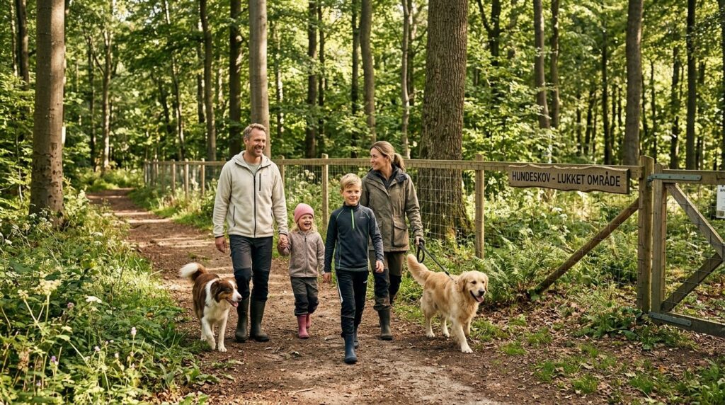 Active family with children and two dogs walking on a woodla