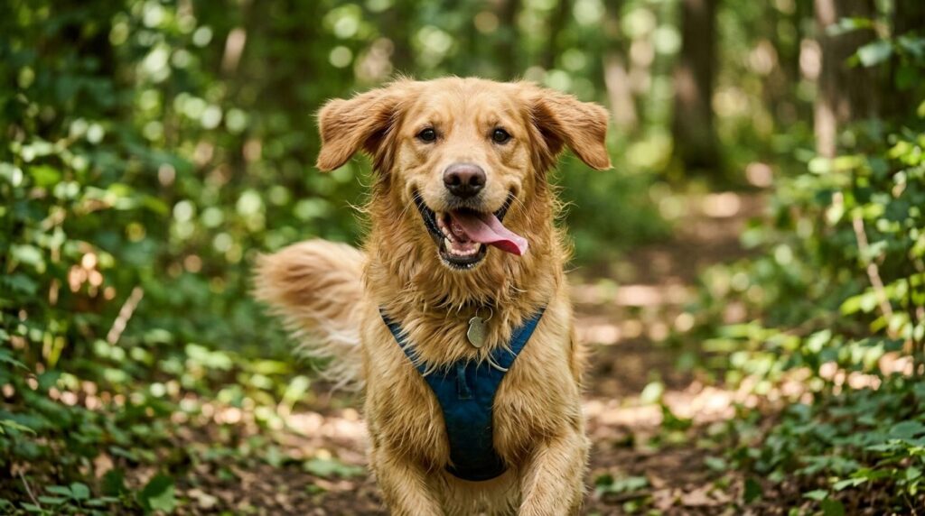 Close-up of a dogs joyful face mid-run in a green enclosed 