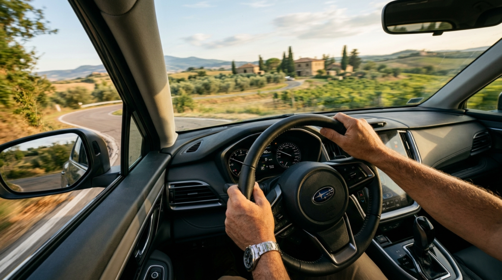 Close-up of a drivers hands on a steering wheel navigating 