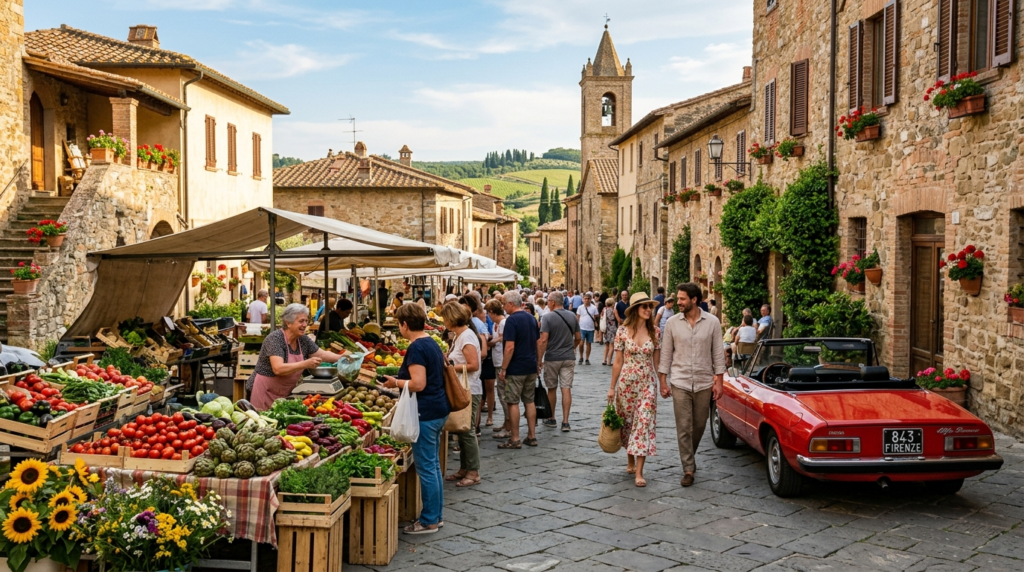 Vibrant Italian countryside market scene with fresh produce 