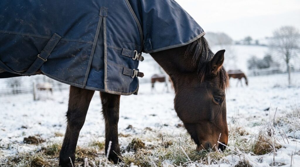 Close-up detail shot of a horses winter outdoor rug/blanket