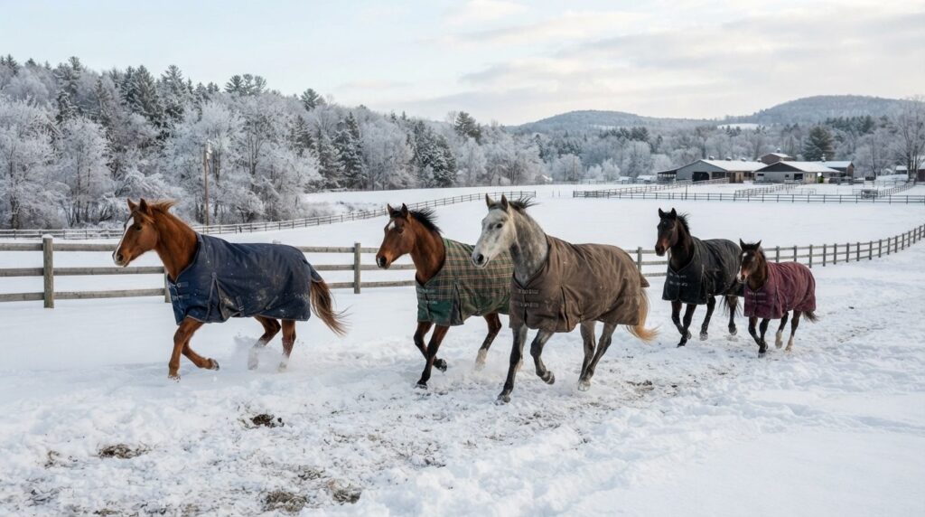 Group of horses with winter turnout blankets together in sno