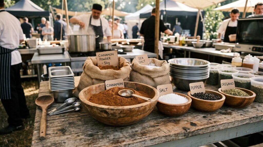Close-up of bulk cinnamon in wooden bowls and measured porti