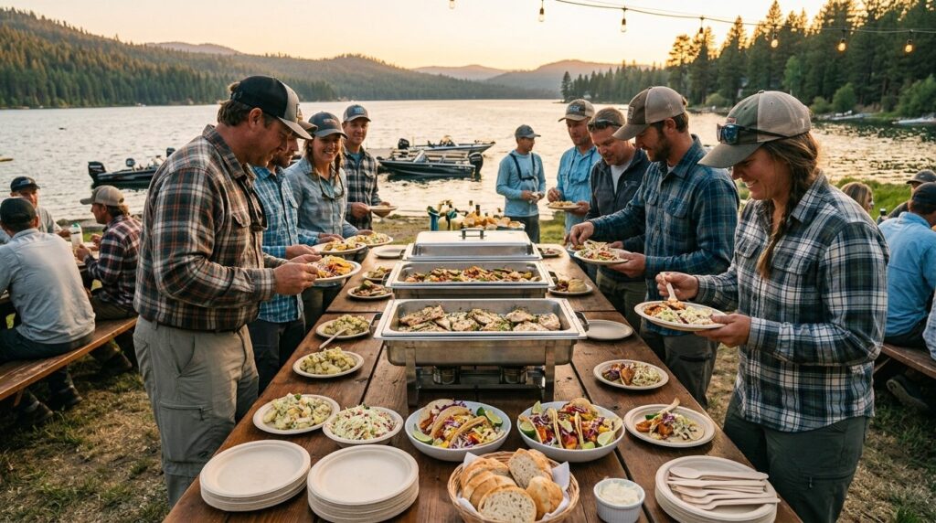 Organized outdoor feast table for fishing tournament celebra