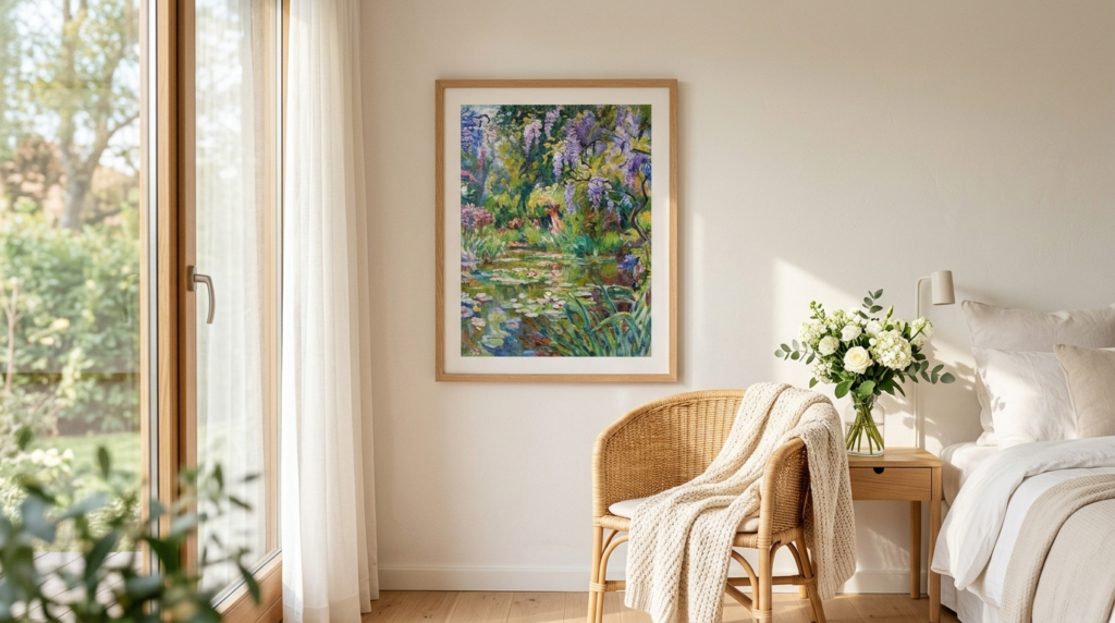 Close-up of a Monet-style garden landscape print hung in a b