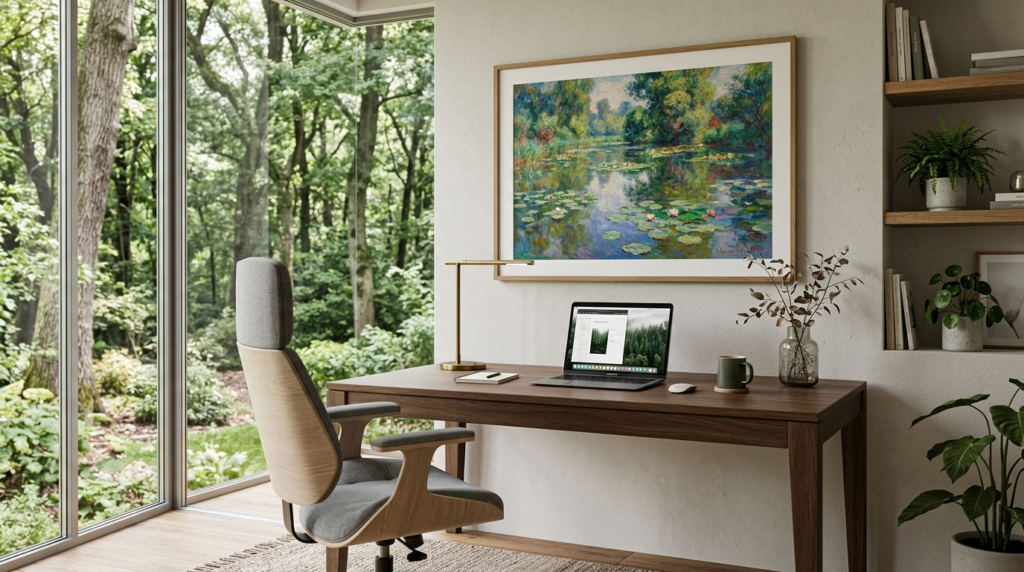 Modern home office workspace featuring an impressionist wate