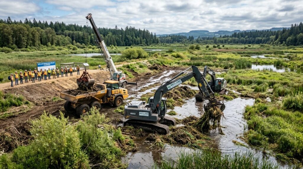 Wide landscape photograph of heavy machinery clearing overgr