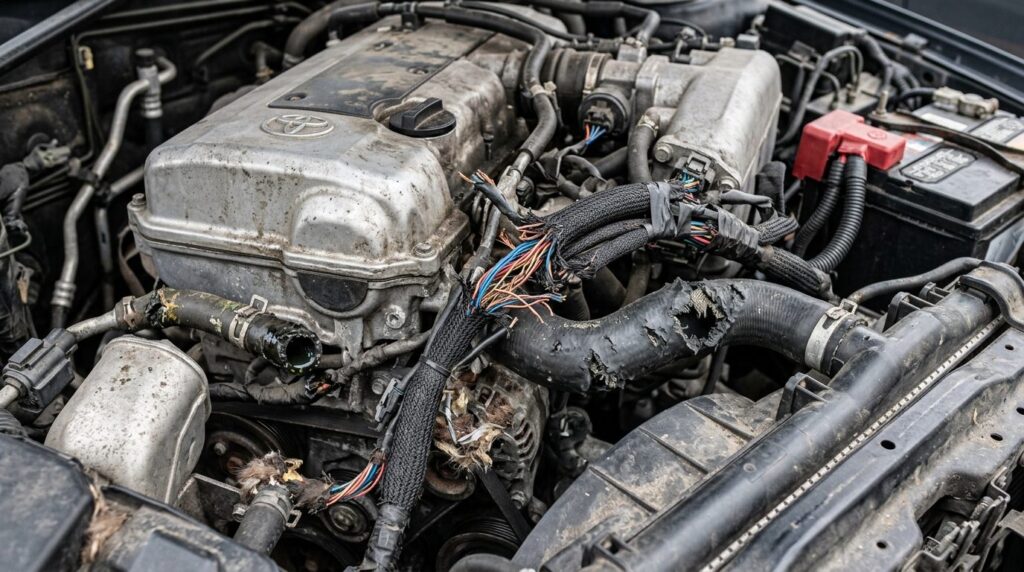 Close-up realistic stock photo of marten damage on a car eng