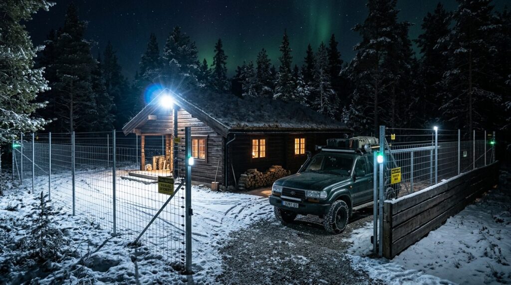 Outdoor lifestyle photography of a hunters cabin with a sec