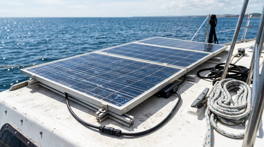 Detailed close-up photorealistic shot of blue solar panels i