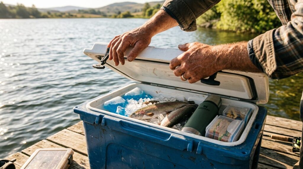 Close-up lifestyle shot of a fishermans hands opening an in