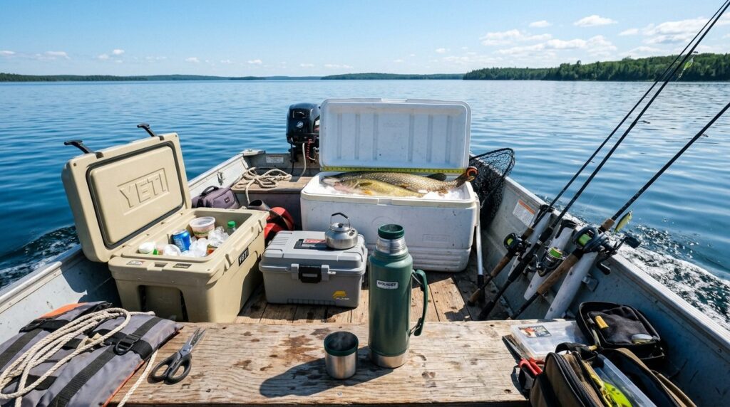 Wide angle shot of complete fishing day setup with opened St
