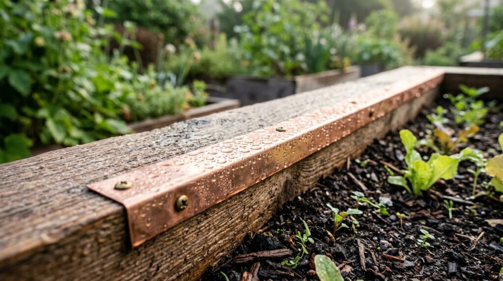 Close-up detail shot of a raised beds protective snail barr