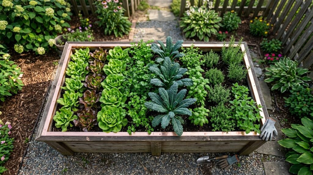Overhead view of a wooden raised garden bed filled with thri