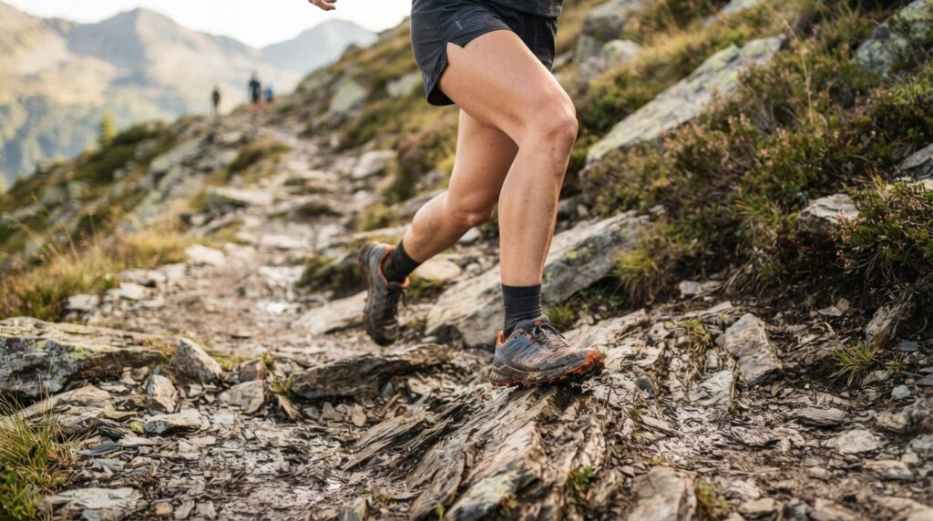 Close-up realistic stock photo of runners legs on uneven ro