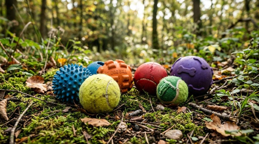 Close-up product photography of various dog balls in differe