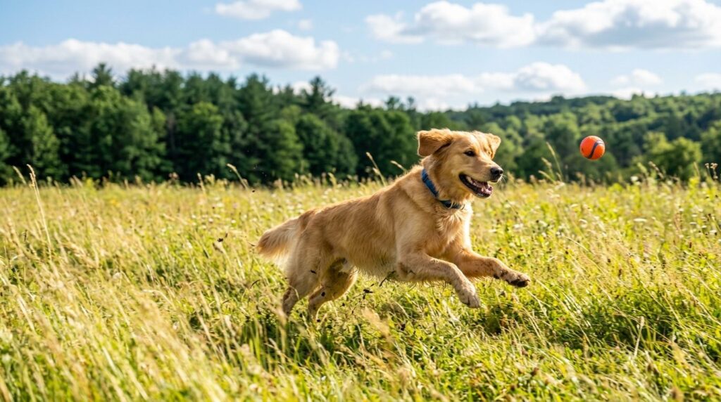 Dynamic action shot of a happy dog running through tall gras