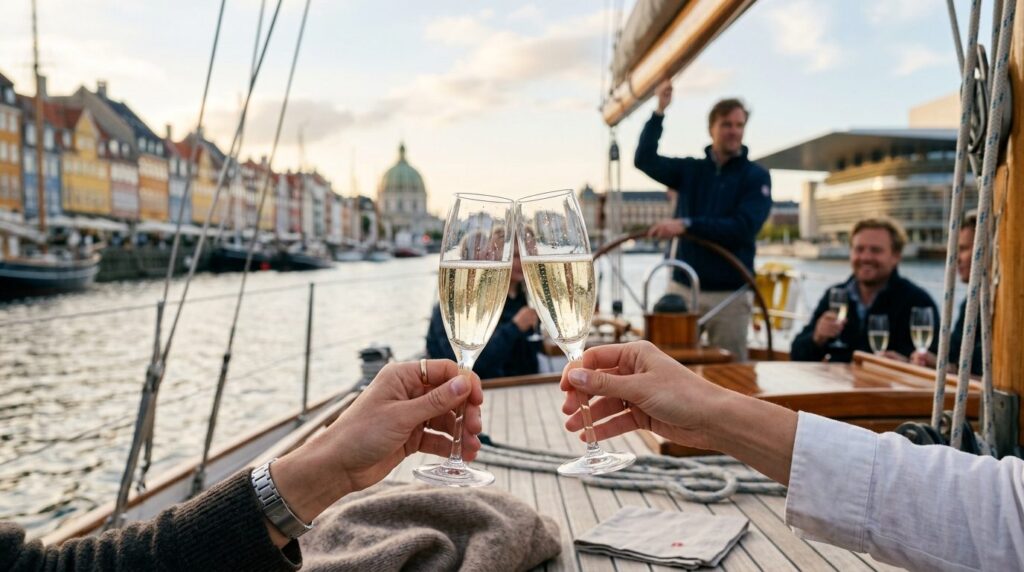 Close-up of hands toasting with champagne glasses on a sailb