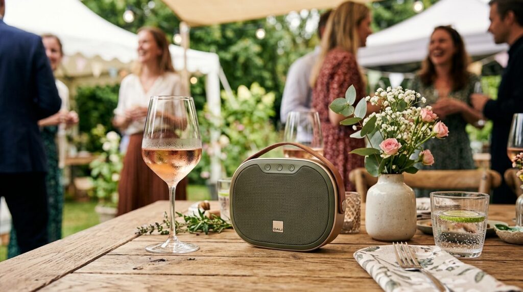 Close-up detail shot of modern compact outdoor speakers posi
