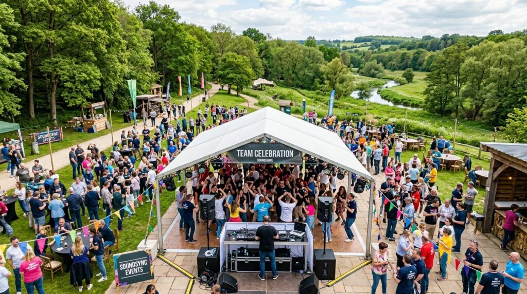 Wide aerial view of a corporate team building event in natur