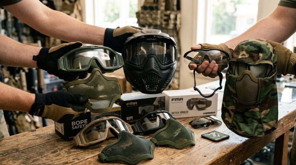 Close-up of hands holding different types of airsoft protect