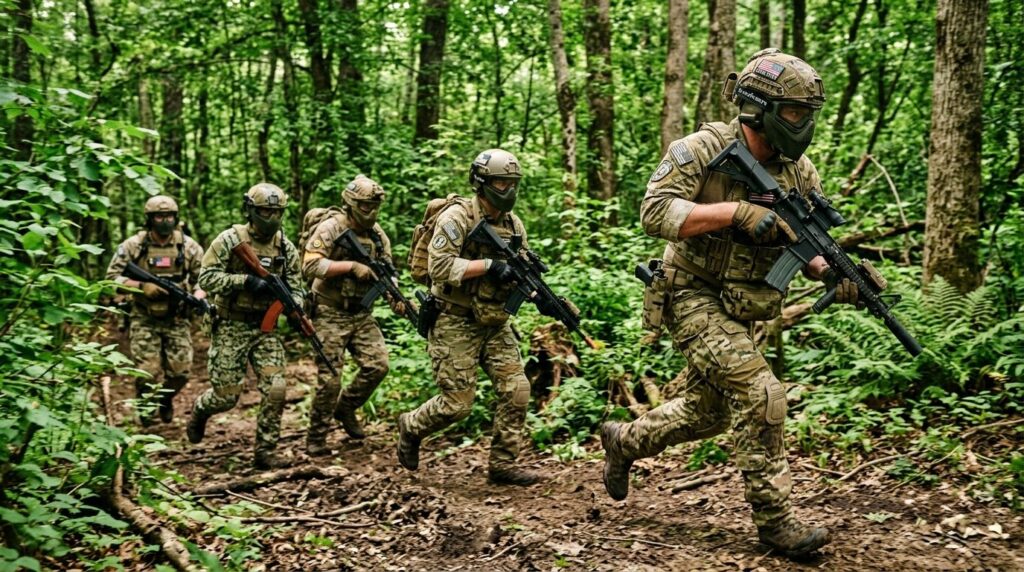 Active airsoft enthusiasts in tactical gear and protective m