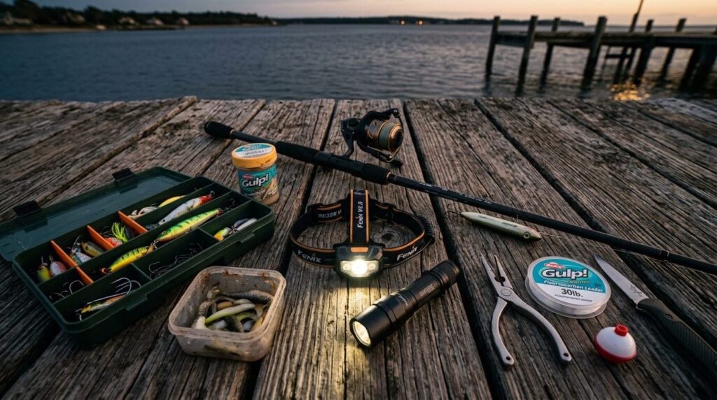 Overhead flat lay of fishing gear including a powerful LED h