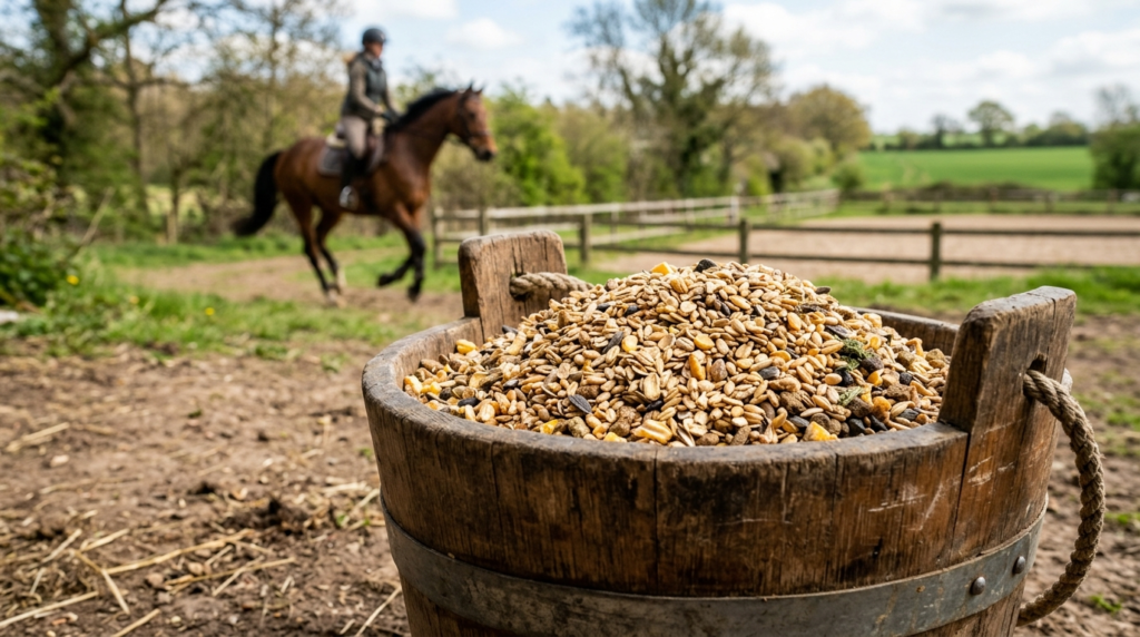Close-up professional stock photo of nutrient-rich horse fee