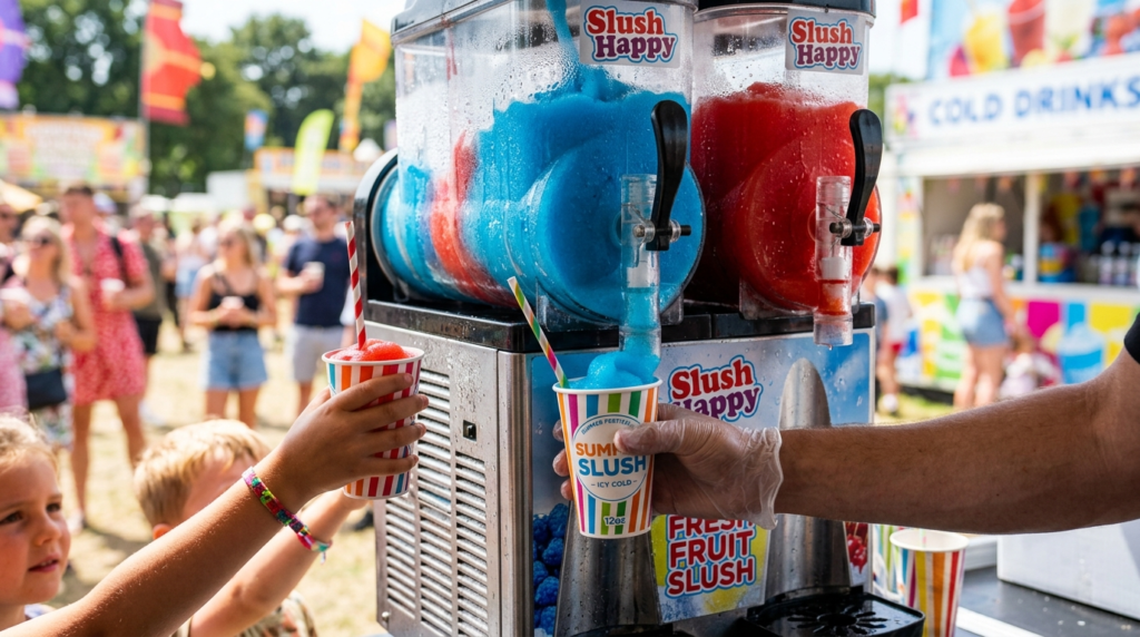 Close-up action shot of a professional slush ice machine in