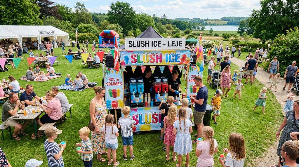 Wide overhead scene of a busy outdoor summer festival or gar