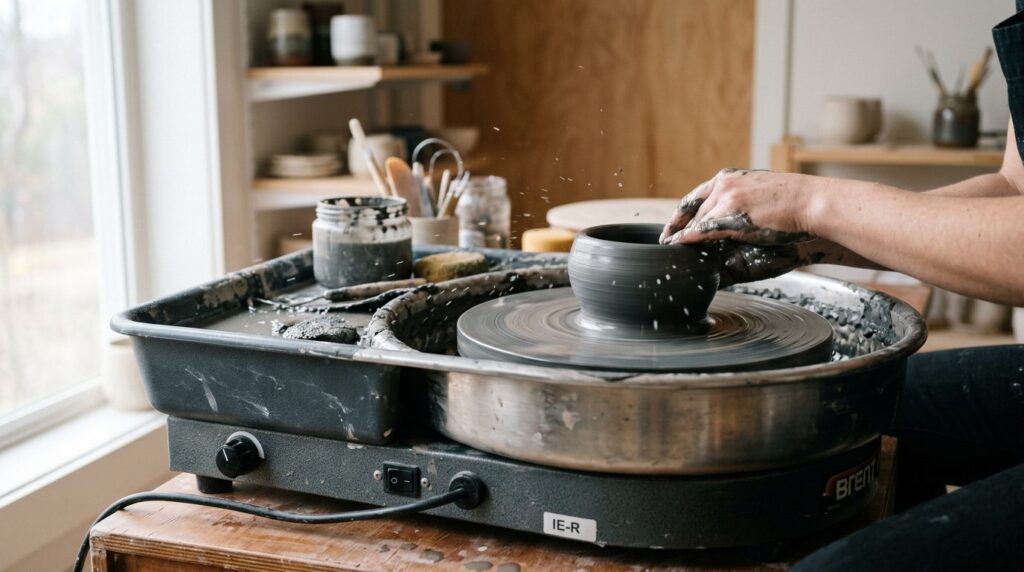 Close-up realistic photograph of a modern ceramic pottery wh