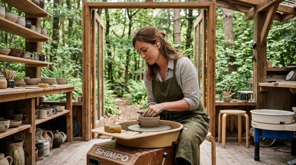 Photorealistic image of a person in a quiet outdoor pottery 